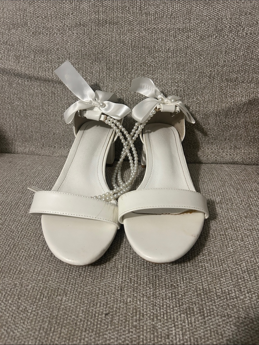 SHEIN White Satin Ribbon & Pearl Strap Block Heel Sandals